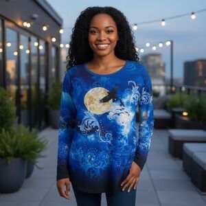 Vibrant Full Moon & Crow Pull On Top Size Large